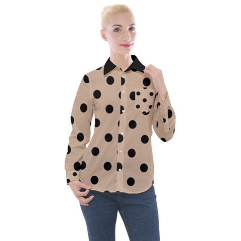 Large Black Polka Dots On Toasted Almond Brown - Women s Long Sleeve Pocket Shirt by FashionLane