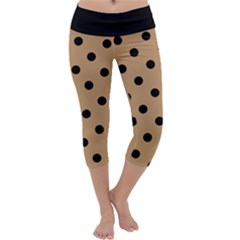 Large Black Polka Dots On Wood Brown - Capri Yoga Leggings by FashionLane