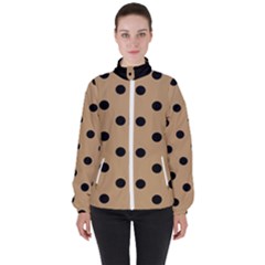 Large Black Polka Dots On Wood Brown - Women s High Neck Windbreaker by FashionLane