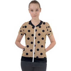 Large Black Polka Dots On Wood Brown - Short Sleeve Zip Up Jacket by FashionLane