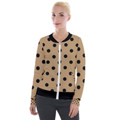 Large Black Polka Dots On Wood Brown - Velvet Zip Up Jacket by FashionLane