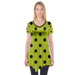 Large Black Polka Dots On Acid Green - Short Sleeve Tunic  by FashionLane