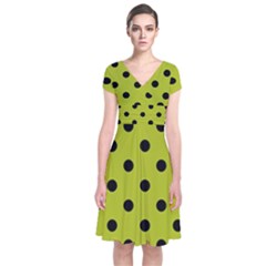 Large Black Polka Dots On Acid Green - Short Sleeve Front Wrap Dress by FashionLane