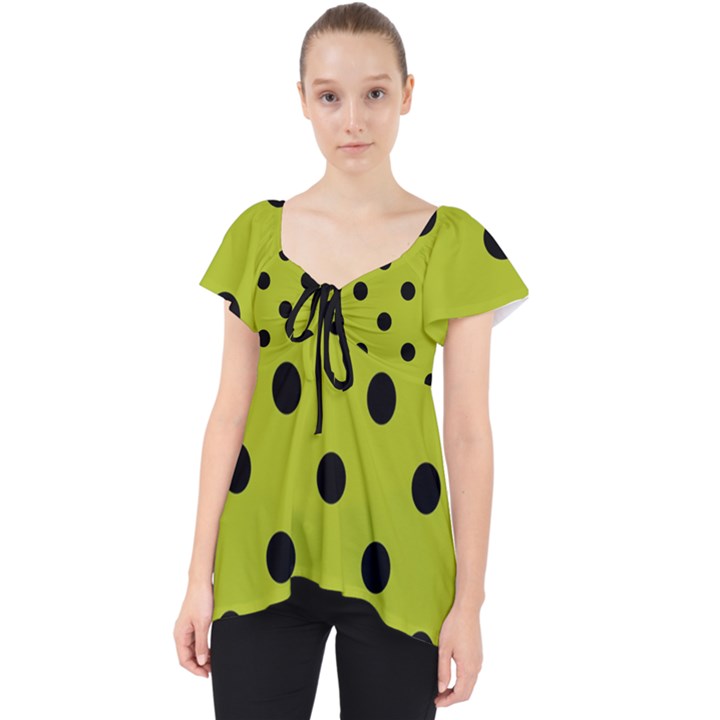 Large Black Polka Dots On Acid Green - Lace Front Dolly Top