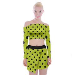 Large Black Polka Dots On Acid Green - Off Shoulder Top With Mini Skirt Set by FashionLane