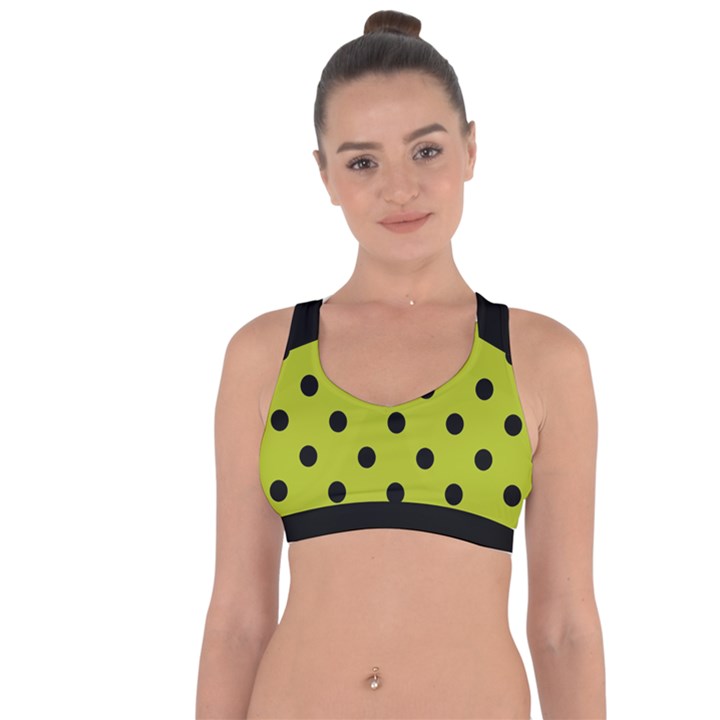 Large Black Polka Dots On Acid Green - Cross String Back Sports Bra