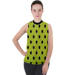 Large Black Polka Dots On Acid Green - Mock Neck Chiffon Sleeveless Top by FashionLane