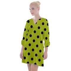 Large Black Polka Dots On Acid Green - Open Neck Shift Dress