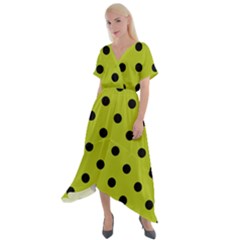 Large Black Polka Dots On Acid Green - Cross Front Sharkbite Hem Maxi Dress by FashionLane