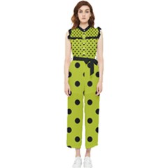 Large Black Polka Dots On Acid Green - Women s Frill Top Jumpsuit