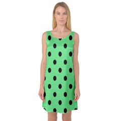 Large Black Polka Dots On Algae Green - Sleeveless Satin Nightdress by FashionLane