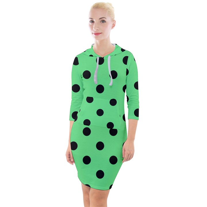 Large Black Polka Dots On Algae Green - Quarter Sleeve Hood Bodycon Dress