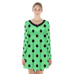 Large Black Polka Dots On Algae Green - Long Sleeve Velvet V-neck Dress by FashionLane