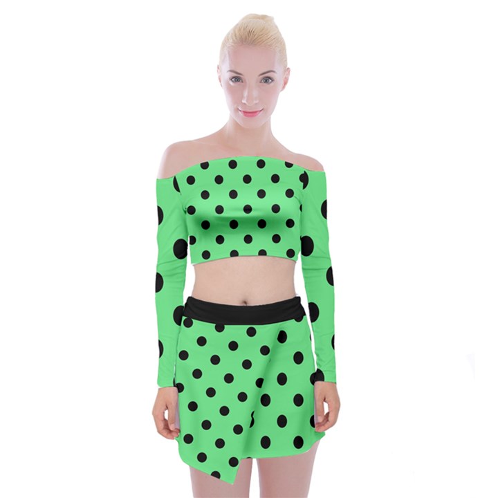 Large Black Polka Dots On Algae Green - Off Shoulder Top with Mini Skirt Set