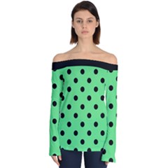 Large Black Polka Dots On Algae Green - Off Shoulder Long Sleeve Top by FashionLane