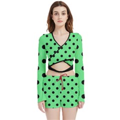 Large Black Polka Dots On Algae Green - Velvet Wrap Crop Top And Shorts Set