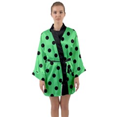 Large Black Polka Dots On Algae Green - Long Sleeve Satin Kimono by FashionLane