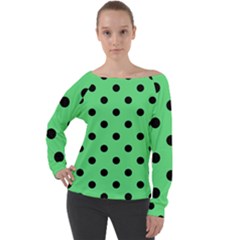 Large Black Polka Dots On Algae Green - Off Shoulder Long Sleeve Velour Top by FashionLane