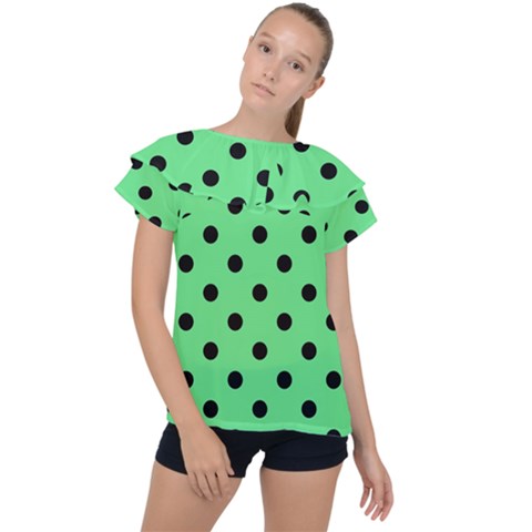 Large Black Polka Dots On Algae Green - Ruffle Collar Chiffon Blouse by FashionLane