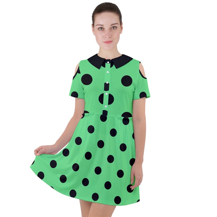 Large Black Polka Dots On Algae Green - Short Sleeve Shoulder Cut Out Dress 