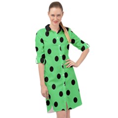 Large Black Polka Dots On Algae Green - Long Sleeve Mini Shirt Dress by FashionLane