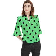 Large Black Polka Dots On Algae Green - Loose Horn Sleeve Chiffon Blouse