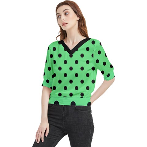 Large Black Polka Dots On Algae Green - Quarter Sleeve Blouse by FashionLane