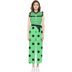 Large Black Polka Dots On Algae Green - Women s Frill Top Jumpsuit