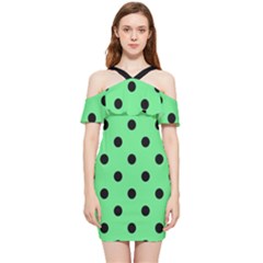 Large Black Polka Dots On Algae Green - Shoulder Frill Bodycon Summer Dress