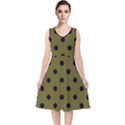 Large Black Polka Dots On Antique Bronze - V-Neck Midi Sleeveless Dress  View1