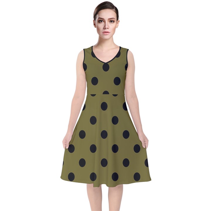 Large Black Polka Dots On Antique Bronze - V-Neck Midi Sleeveless Dress 