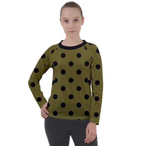 Large Black Polka Dots On Antique Bronze - Women s Long Sleeve Raglan Tee by FashionLane