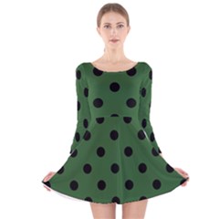 Large Black Polka Dots On Basil Green - Long Sleeve Velvet Skater Dress by FashionLane