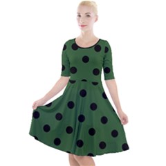 Large Black Polka Dots On Basil Green - Quarter Sleeve A-line Dress by FashionLane