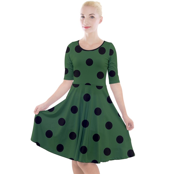 Large Black Polka Dots On Basil Green - Quarter Sleeve A-Line Dress