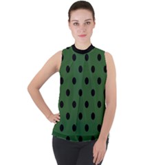 Large Black Polka Dots On Basil Green - Mock Neck Chiffon Sleeveless Top by FashionLane