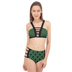 Large Black Polka Dots On Basil Green - Cage Up Bikini Set by FashionLane