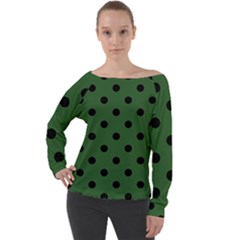 Large Black Polka Dots On Basil Green - Off Shoulder Long Sleeve Velour Top by FashionLane