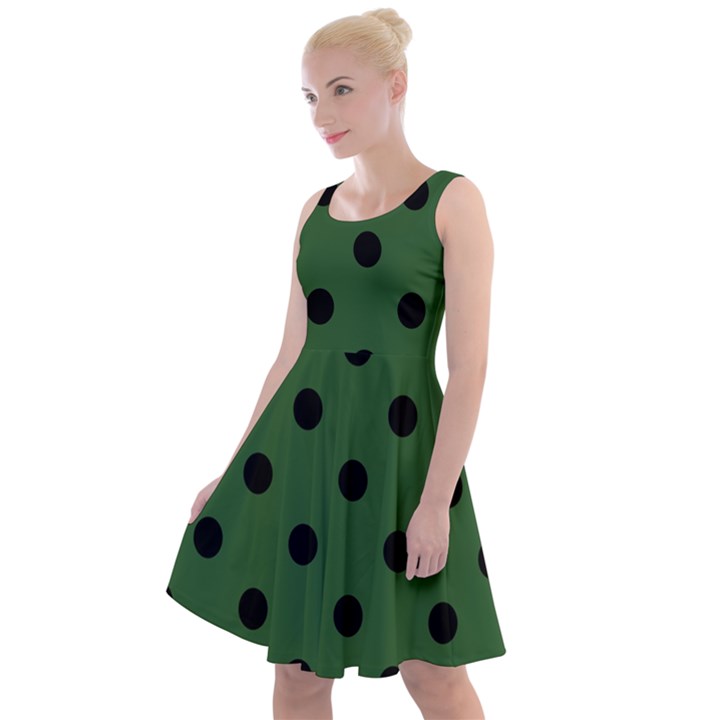 Large Black Polka Dots On Basil Green - Knee Length Skater Dress