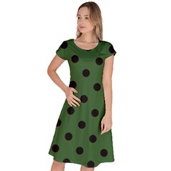 Large Black Polka Dots On Basil Green - Classic Short Sleeve Dress by FashionLane