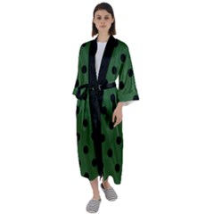 Large Black Polka Dots On Basil Green - Maxi Satin Kimono by FashionLane