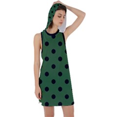 Large Black Polka Dots On Basil Green - Racer Back Hoodie Dress by FashionLane