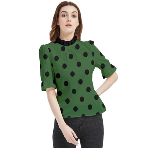 Large Black Polka Dots On Basil Green - Frill Neck Blouse by FashionLane