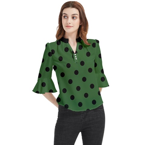 Large Black Polka Dots On Basil Green - Loose Horn Sleeve Chiffon Blouse by FashionLane