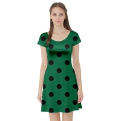 Large Black Polka Dots On Cadmium Green - Short Sleeve Skater Dress by FashionLane