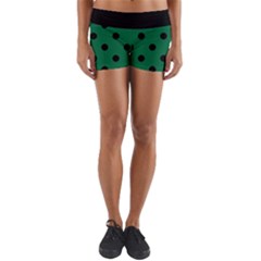 Large Black Polka Dots On Cadmium Green - Yoga Shorts by FashionLane