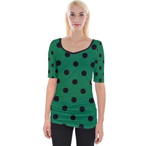 Large Black Polka Dots On Cadmium Green - Wide Neckline Tee by FashionLane