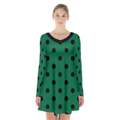 Large Black Polka Dots On Cadmium Green - Long Sleeve Velvet V-neck Dress by FashionLane