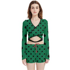 Large Black Polka Dots On Cadmium Green - Velvet Wrap Crop Top And Shorts Set