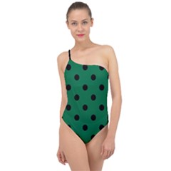 Large Black Polka Dots On Cadmium Green - Classic One Shoulder Swimsuit by FashionLane